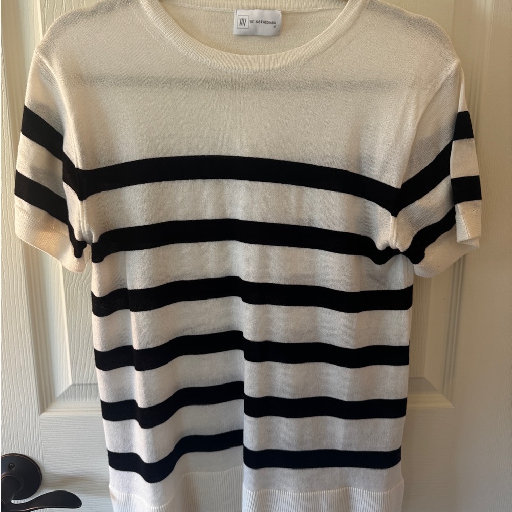 We Norwegians White and Black Striped Short Sleeve Wool Sweater